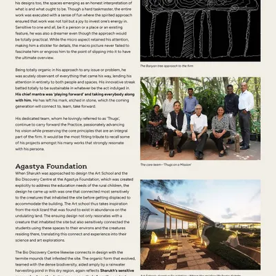This article spread details our work with the Agastya Foundation, where we designed an Art School and Bio Diversity Centre. The project was inspired by the creativity of rural children and the natural forms of the local environment, reflecting our sensitive and contextual approach to educational architecture.