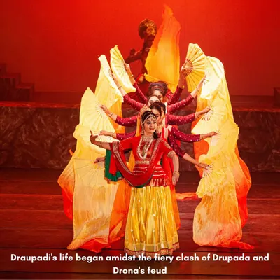 Draupadi's life began in fire, born from a feud between Drupada and Drona. In our production 'Krishnaa - Fire to Frost', we use powerful visuals with flowing fabrics and dynamic formations to depict the dramatic origins of this epic heroine.