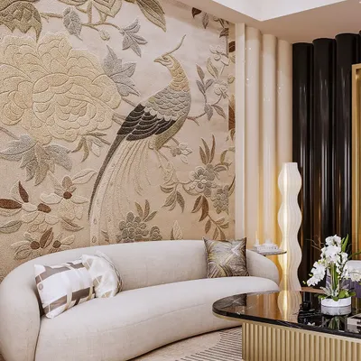 A detailed visualization focusing on a bespoke curved sofa set against an intricate peacock-motif mural. The render highlights the texture of the upholstery and the precise craftsmanship of the wall art.