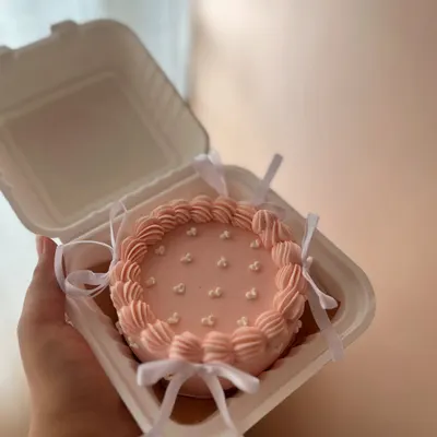 A pretty pink bento cake with delicate piping and tiny white bows. This is a great example of a simple, coquette-style design for a personal treat.
