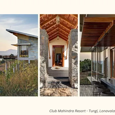 A collage showcasing different facets of the Club Mahindra Resort in Tungi, Lonavala. The design uses natural stone and timber to mirror the dry, rural climate, while carefully detailed wooden overhangs provide shade and frame the stunning landscape views.