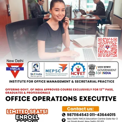 This poster details our Office Operations Executive course, a government-approved program for those looking to start a corporate career. It highlights eligibility for 12th pass, graduates, and professionals.