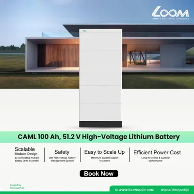 The CAML 100 Ah, 51.2 V High-Voltage Lithium Battery is a scalable and safe energy storage solution. Its modular design allows for easy expansion, while the high-voltage BMS ensures reliable performance for homes and businesses.