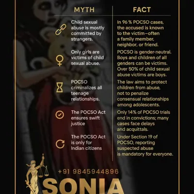 The POCSO Act is a critical law for protecting children, but it is widely misunderstood. This 'Myth vs. Fact' sheet clarifies that abusers are often known to the child, the law is gender-neutral protecting boys and girls equally, and it aims to protect children, not criminalize adolescent relationships. Spreading awareness is the first step in safeguarding our youth.