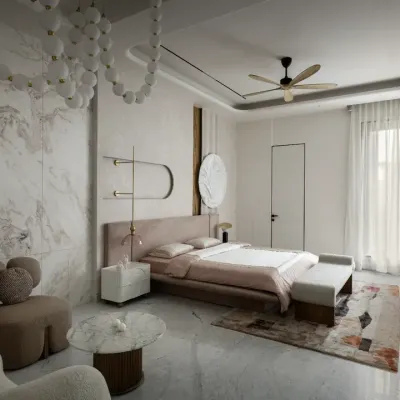 The daughter's bedroom in The House of Dancing Screens is a sophisticated blend of soft pink and pristine white. Every detail, from the delicate drapery to the organically shaped furniture, reflects her personality and refined taste.