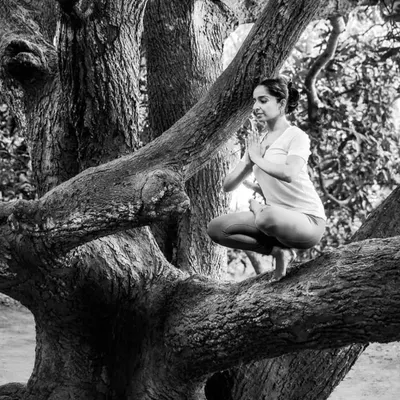 If it involves nature and adventure, count me in. Finding my balance with Padangusthasana in the branches of an ancient tree, connecting with its strength and grounding energy.