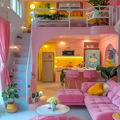 A vibrant, pink-themed loft apartment design. We used a mezzanine level for the bedroom, freeing up the entire ground floor for a compact kitchen, living area, and dining space.