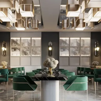 A symmetrical view of a luxury restaurant interior, showcasing emerald green velvet chairs and a striking geometric chandelier. The design uses reflective surfaces and layered lighting to create an opulent and expansive dining space.