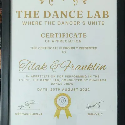 This certificate of appreciation from "The Dance Lab" event means a lot. It was an honor to perform alongside so many talented dancers and be part of the community.