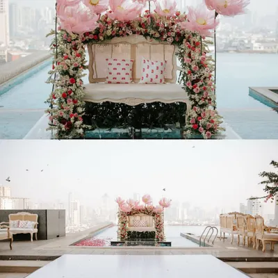 The full picture of our 'Bagh-e-Ishq' mehendi. This collage shows the floating stage over the pool and the wider seating area, creating a breathtaking scene against the city.