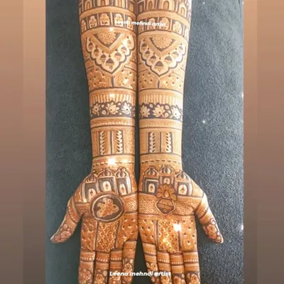 This full-arm bridal mehndi features architectural domes and intricate jaali (lattice) work. The design is symmetrical and packed with detail, perfect for a bride wanting a traditional and grand look.