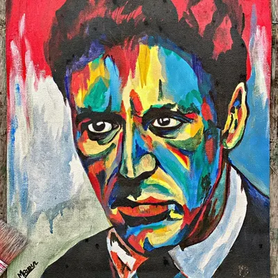 An abstract acrylic portrait of Al Pacino, where I used bold colors and expressive strokes to capture his iconic intensity. This style is great for modern and pop art commissions.