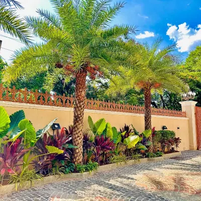The grand entrance to this Whitefield mansion is defined by majestic palm trees and vibrant, layered foliage along an ornate boundary wall. The cobblestone driveway and Mughal-inspired architecture are enhanced by a landscape design that exudes opulence.