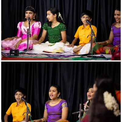 The pure joy and concentration of our 'Bindaas Kutti' team during a live concert. We encourage our students to be expressive and sing from the heart, turning lessons into confident stage performances.