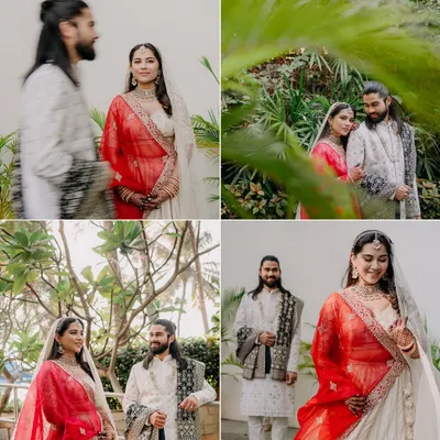 A collage of candid and posed portraits of Khushali and Niranjan, showcasing their easy chemistry and love, with a mix of motion blur and clear shots.