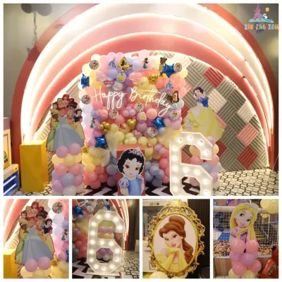 A royal celebration fit for a princess! This Disney Princess theme brings together Snow White, Belle, and friends with a gorgeous balloon backdrop and a light-up number for the birthday girl.