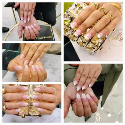 This collage showcases one of my most requested styles: the baby boomer or French ombre nail. It features a seamless blend from a soft pink base to a white tip, creating a natural and elegant look on extensions of various lengths and shapes.
