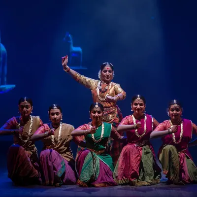 A powerful scene from 'Antariksha Sanchar', where my students and I enact the sequence of Surya and his celestial horses. This production combined classical dance with digital projections, telling an ancient story in a modern way.
