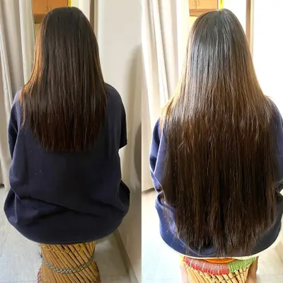 A beautiful before-and-after result using permanent keratin glue extensions. We added significant length and fullness for a natural, healthy look.