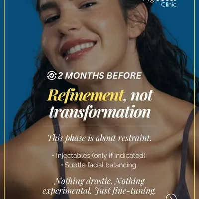 For my brides, the journey to glowing skin should be a calm and planned process. I recommend starting about two months before the wedding for any subtle facial balancing or injectables. My approach is always refinement, not transformation, ensuring you look like the most radiant version of yourself on your special day.