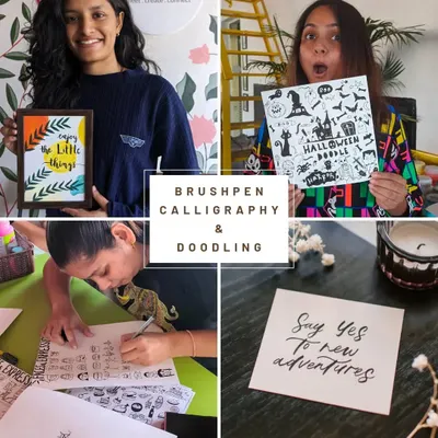 A peek into our brush pen calligraphy and doodling workshops. Learn to create beautiful lettering and fun, imaginative doodles with us.