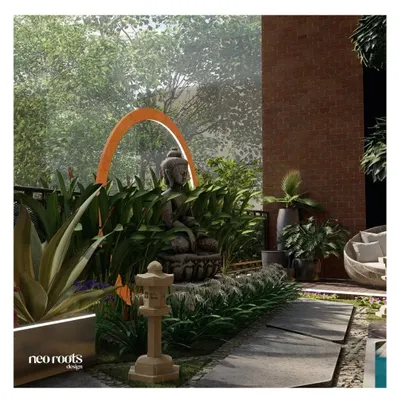 This 3D design concept showcases a contemporary Zen garden. A large Buddha statue is framed by a modern, illuminated arch, surrounded by lush tropical foliage, a stone lantern, and a tranquil seating area.