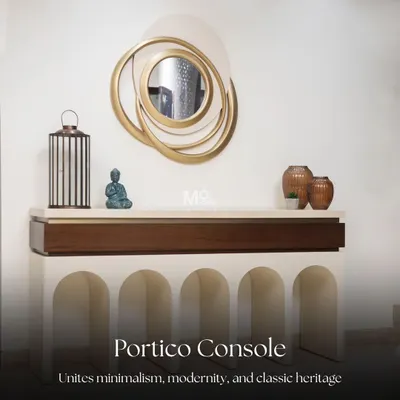 Inspired by the majestic architecture of ancient Rome, the Portico console unites minimalism and classic heritage. Creamy ivory arches contrast with rich wood and a luxurious Italian marble top, creating a captivating harmony of textures and tones.