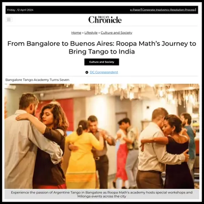 Our Bangalore Tango Academy was featured in the Deccan Chronicle, highlighting our special workshops and Milonga events across the city. It's wonderful to see our community's passion for Argentine Tango being shared with a wider audience.