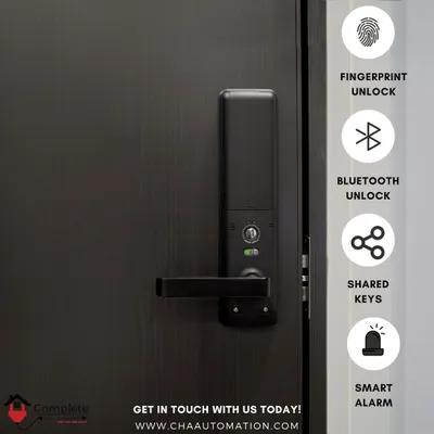 This smart lock model showcases multiple layers of security and convenience. It features a built-in smart alarm and allows access via fingerprint, Bluetooth from your phone, or shared digital keys for guests.