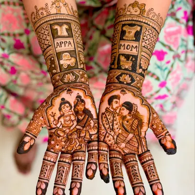 A truly special baby shower mehendi with portraits of the expecting parents and Lord Krishna. The design includes cute motifs like a stroller, baby clothes, and a car.