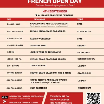 Our French Open Day is packed with activities. This schedule shows a full day of events, including demo classes, a pastry workshop, a treasure hunt in the library, and information sessions on our French certifications.