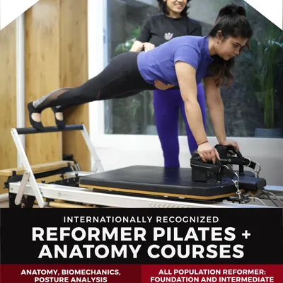 An official poster for our internationally recognized Reformer Pilates and Anatomy courses, detailing the curriculum and dates.