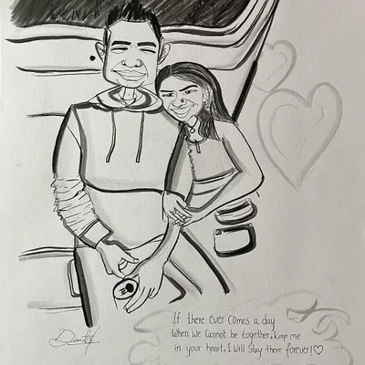 A romantic couple's caricature, complete with a personal quote. I can add any text to make your portrait extra special.