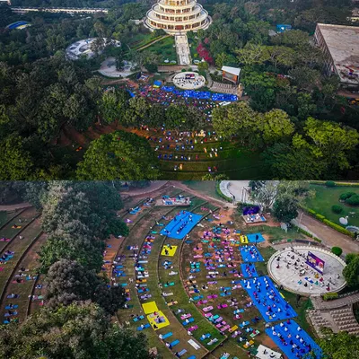 An aerial view of our World Meditation Day event. Thousands of people gathered in the amphitheater, creating beautiful patterns with their yoga mats as they meditated for global peace and harmony.