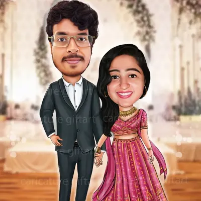 A lovely couple caricature perfect for a wedding reception or anniversary gift. I focused on the details of the groom's suit and the bride's beautiful pink lehenga.