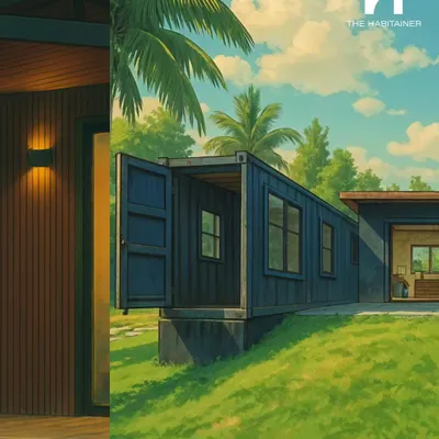 This artistic render reimagines one of our container homes in a whimsical, Ghibli-inspired animation style, blending our modern designs with a touch of fantasy.