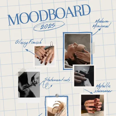 Our 2025 moodboard. We are manifesting looks that are modern and minimal, with glossy finishes, statement cuts, silky strands, and a touch of metallic shimmer. This is the vision that drives our craft.