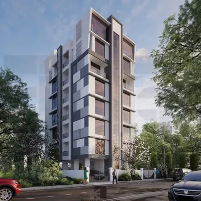 This Stilt+6 floor residential project in Panvel showcases a modern facade treatment. The interplay of solid panels and glass creates a visually engaging exterior while providing functional and well-lit apartment spaces within.