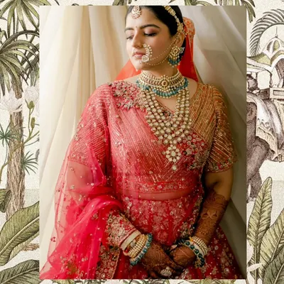 A portrait of bridal grace. We chose this stunning red lehenga for its intricate embroidery and paired it with layered Polki and emerald jewelry. The final look was a perfect blend of traditional elegance and modern bridal style.