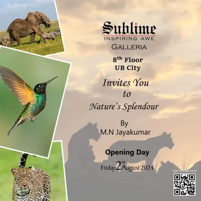 An invitation for our wildlife photography exhibition, 'Nature's Splendour', by M.N. Jayakumar, featuring a collage of his stunning animal portraits.
