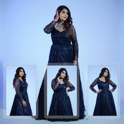 A collage showing off our midnight blue sequin gown from every angle. The perfect way to see how this stunning dress moves and shines before you make it yours for the night.