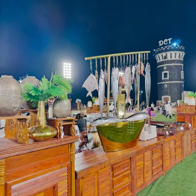 My seafood counter is a visual feast, with fresh fish like Surmai and Pomfret displayed on ice before being cooked to order for your guests.