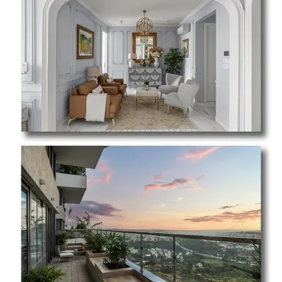 A dual perspective of a luxury apartment at Tata Promont, Bangalore. The top view frames the elegant living room through a classic archway, while the bottom view reveals a stunning balcony sunset, showcasing the property's "sanctuary in the sky" appeal.