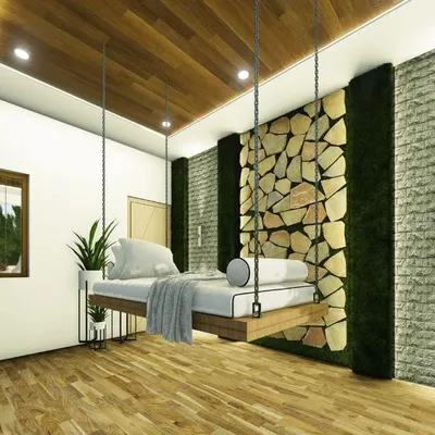 A unique balcony design transformed into an outdoor room with a hanging swing bed. The feature wall combines natural stone and vertical green panels, creating a tranquil escape.