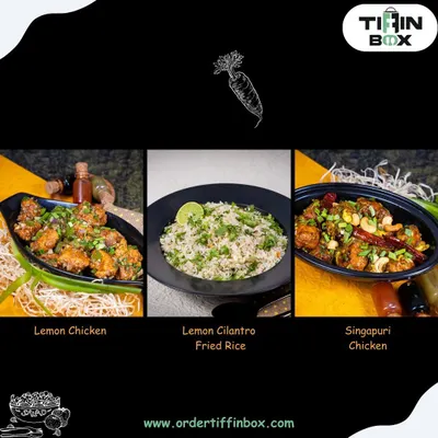 Introducing some of our non-veg Chinese specials. This collage features our zesty Lemon Chicken, flavorful Lemon Cilantro Fried Rice, and spicy Singapuri Chicken.