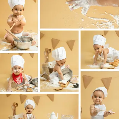 A collage showcasing the many adorable moments from our 'Baby Chef' sitter session. From crawling through flour to tasting the dough, it’s a perfect theme for capturing their playful and curious nature.
