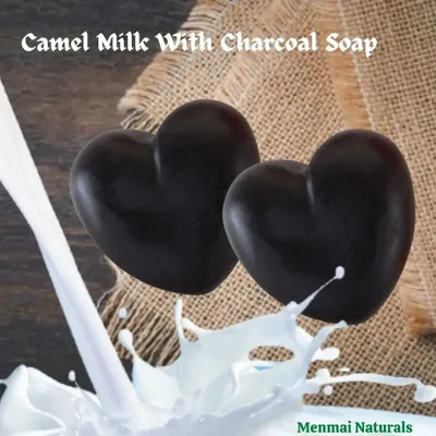 This is my Camel Milk with Charcoal Soap, shaped with love. It's a powerful cleanser for oily skin, using charcoal to pull out impurities, while camel milk provides nourishment to prevent dryness.