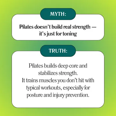 Myth: Pilates doesn't build real strength, it's just for toning. Truth: Pilates builds deep core and stabilizing strength, hitting muscles you miss in typical workouts.