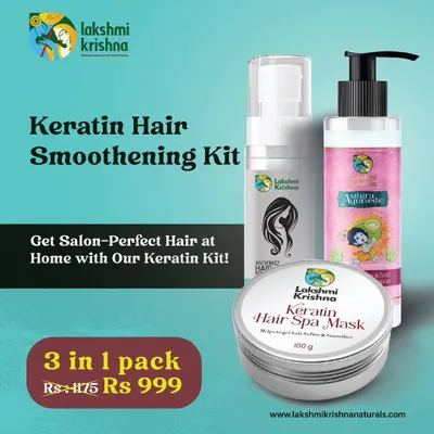 Get salon-perfect hair at home with my 3-in-1 Keratin Hair Smoothening Kit. This pack includes my Keratin Enriched Onion Shampoo, Keratin Hair Spa Mask, and Anti-Frizz Hair Serum for a complete treatment.