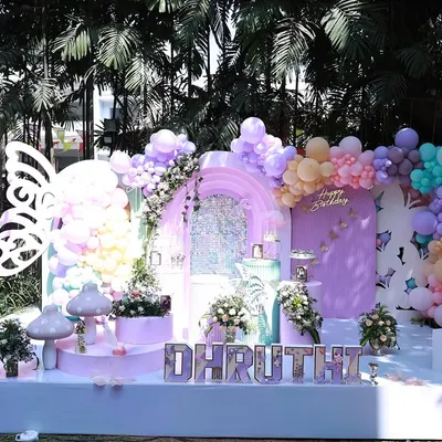 A beautiful 'Spring Butterfly' themed birthday party. The setup features a pastel palette, custom butterfly cutouts, whimsical mushrooms, and personalized lettering for the birthday girl, Dhruthi.